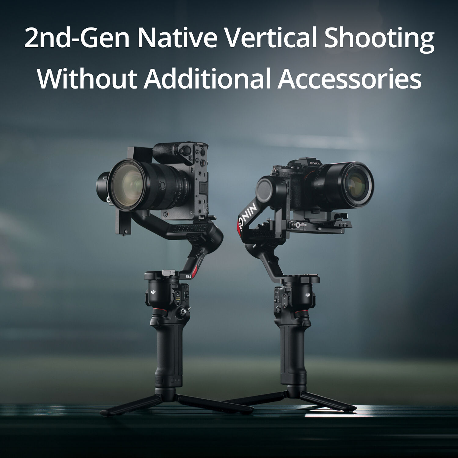 DJI RS 4 gimbal shown in horizontal and native vertical shooting orientations with mirrorless cameras