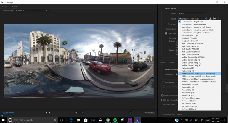 Adobe Media Encoder VR H264 Ambisonics Export Preset