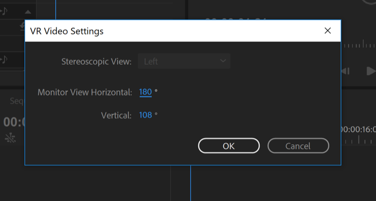 Adobe Premiere Fusion VR viewing 16x9 in record window