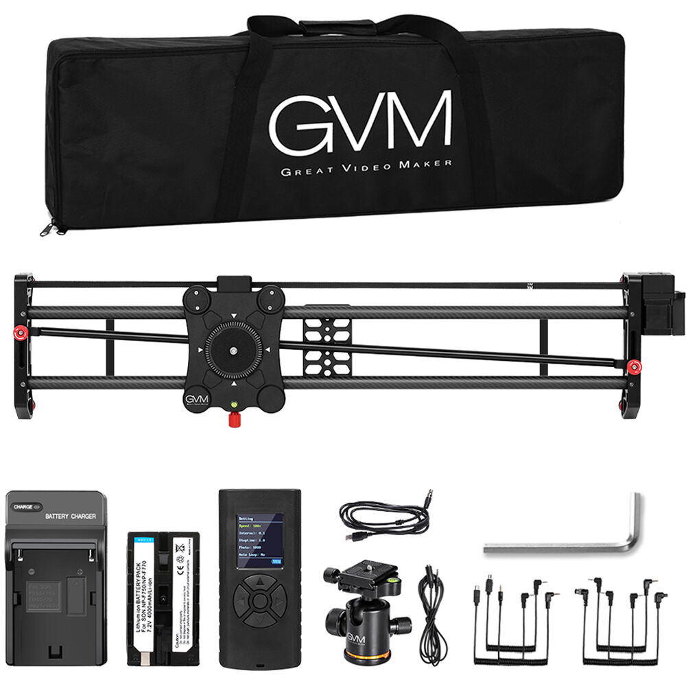 The A&J Pro GP slider with its carry bag, battery, charger, ball head, and full cable kit