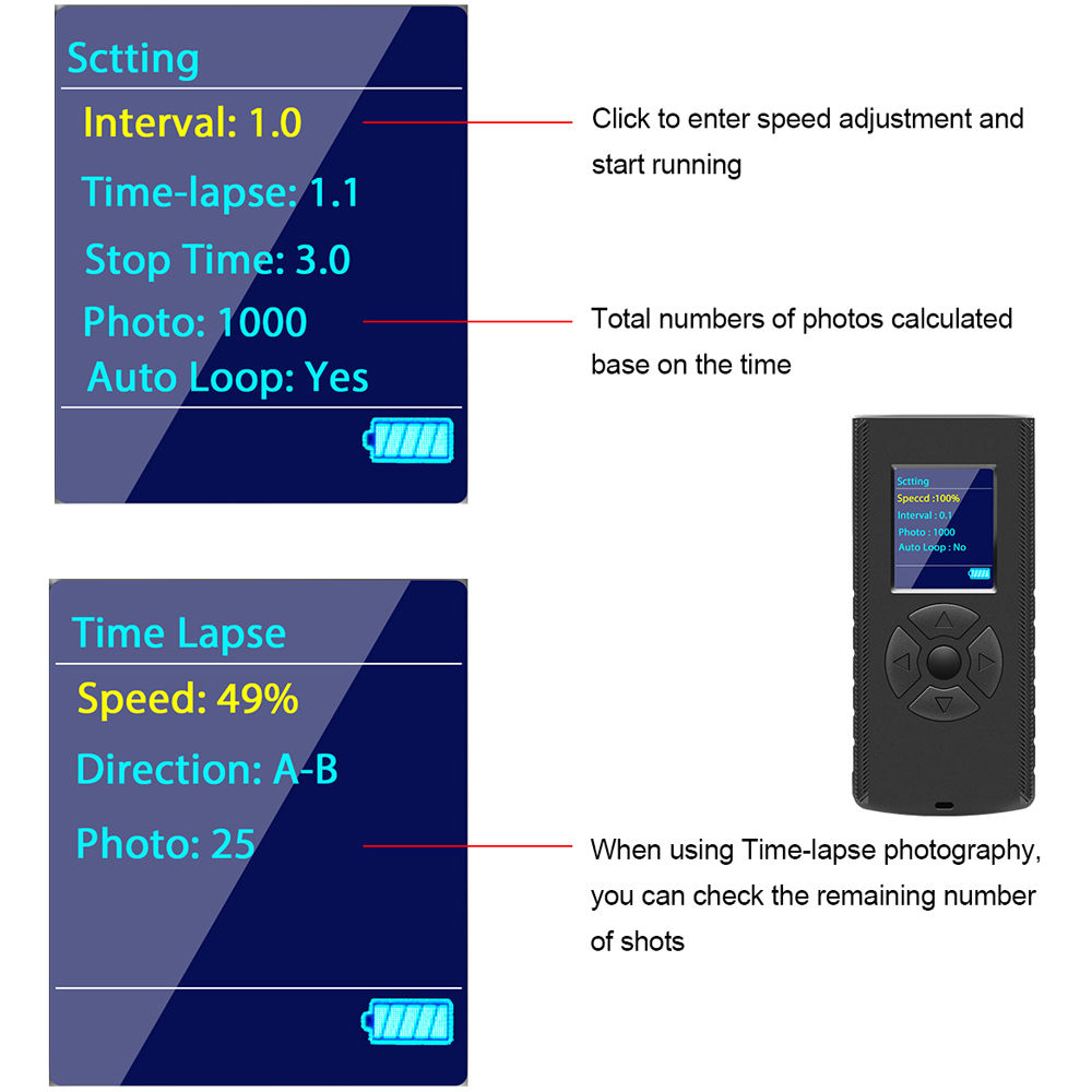 The A&J Pro GP slider remote controller screen showing time-lapse settings, interval, and photo count