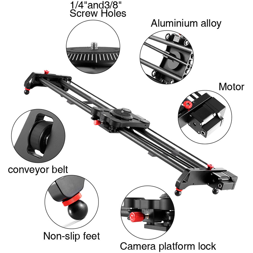 Detail callouts of the A&J Pro GP slider showing the carbon fiber rails, aluminum alloy body, motor, and non-slip feet