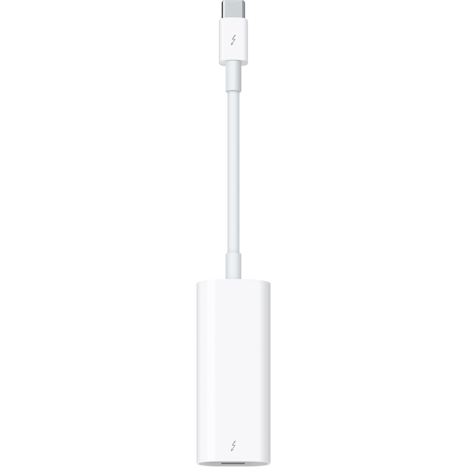 Apple Thunderbolt 3 to Thunderbolt 2 adapter front view showing USB-C and Mini DisplayPort connectors