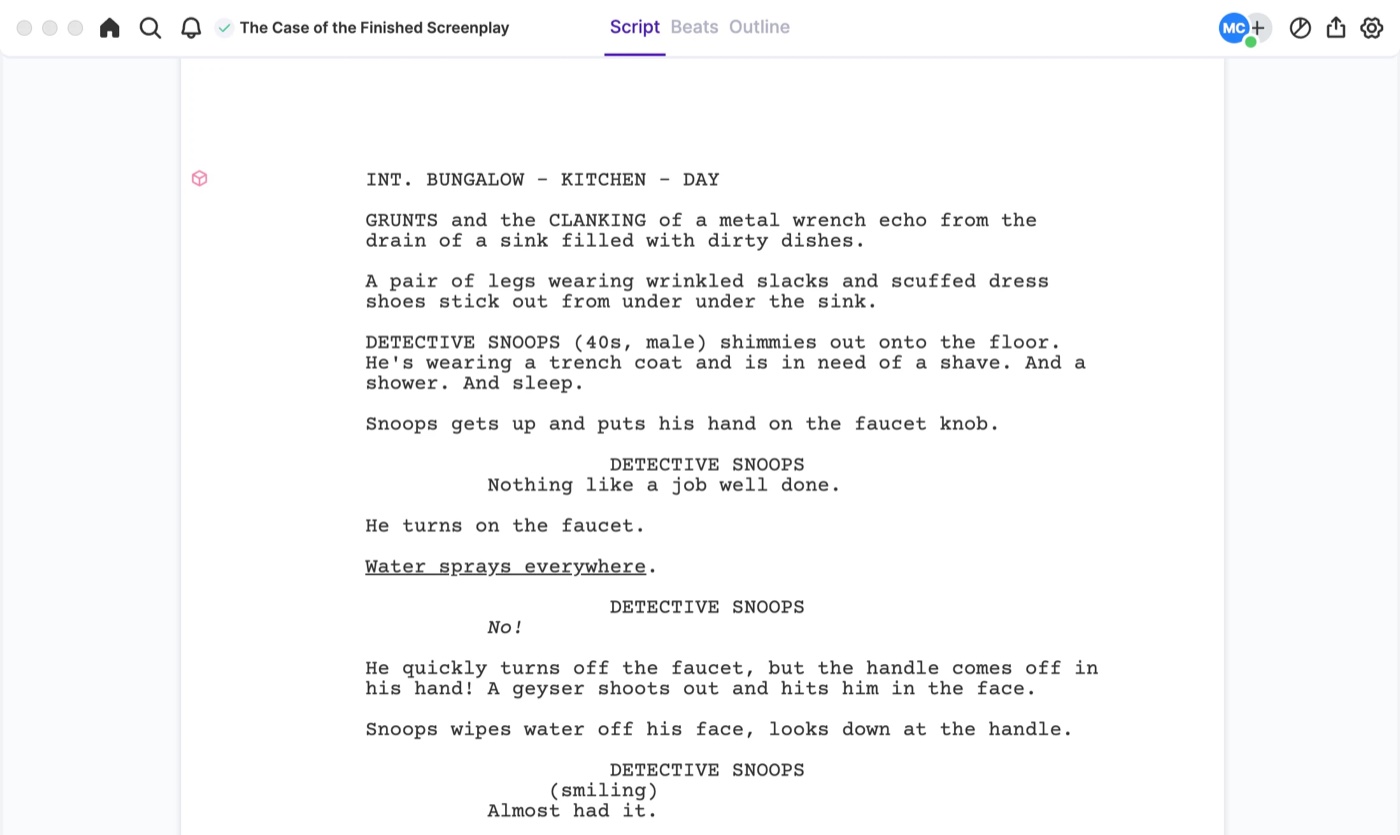 Arc Studio Pro screenwriting software showing a formatted screenplay with the Script, Beats, and Outline tabs