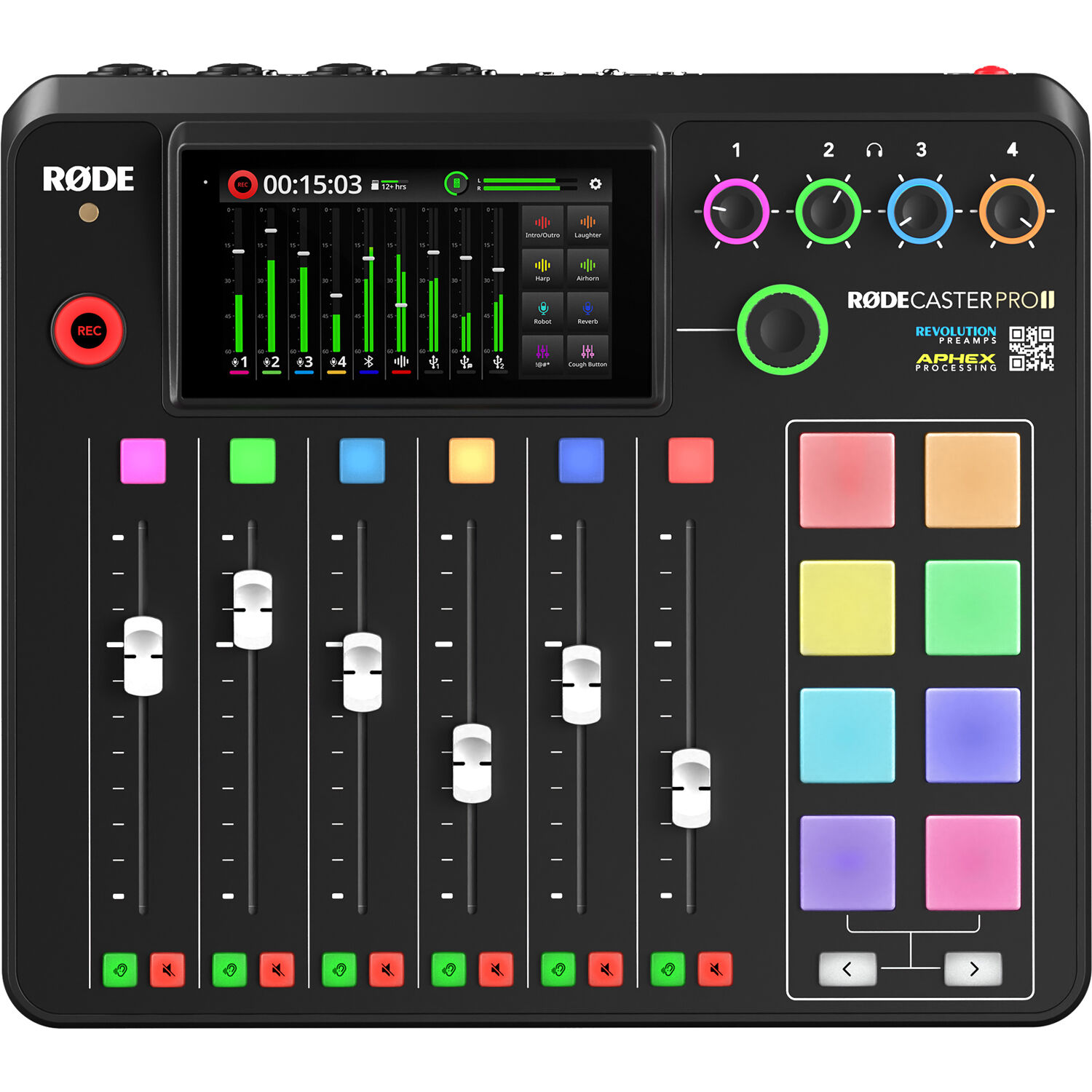 RODECaster Pro II top view with six motorized faders and SmartPads for sound effects