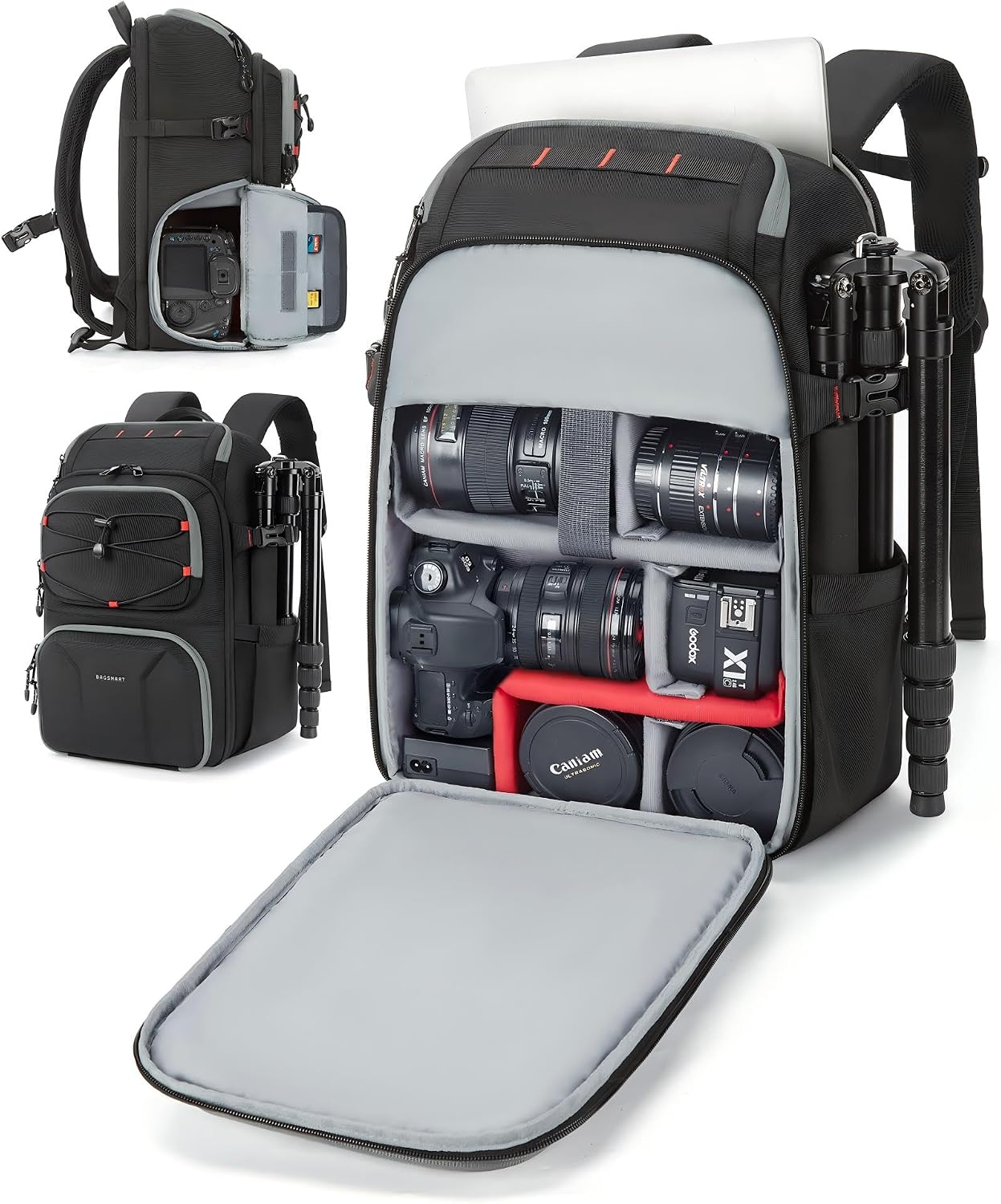 BAGSMART camera backpack loaded with DSLR, lenses, flash and tripod