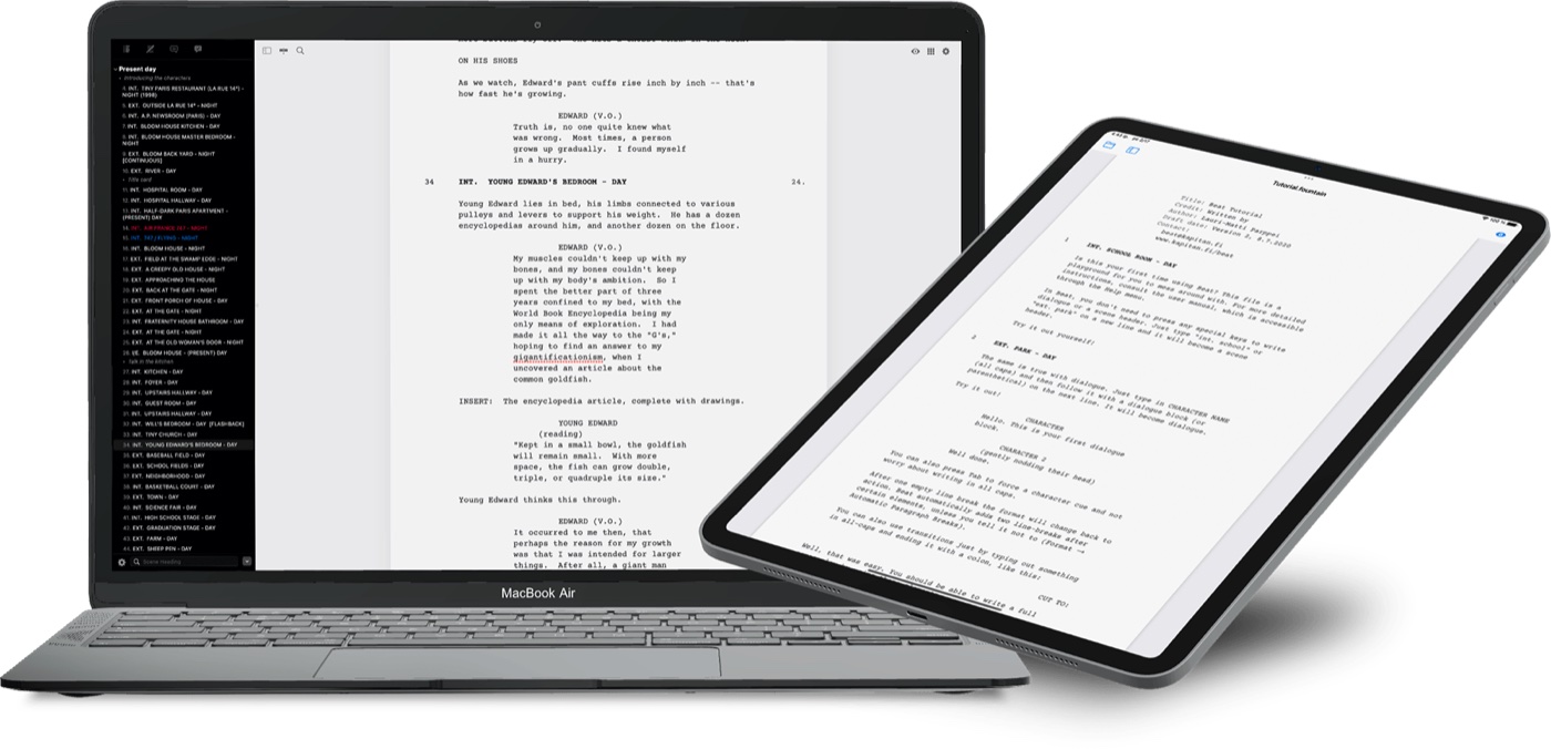 Beat screenwriting app running on a MacBook and an iPad showing a Fountain screenplay and scene outline