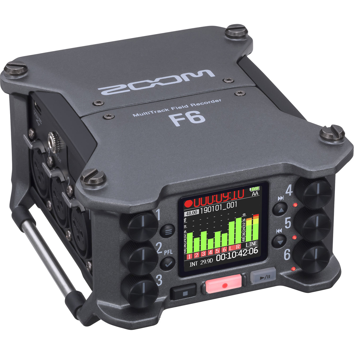 Zoom F6 multitrack field recorder front and side view