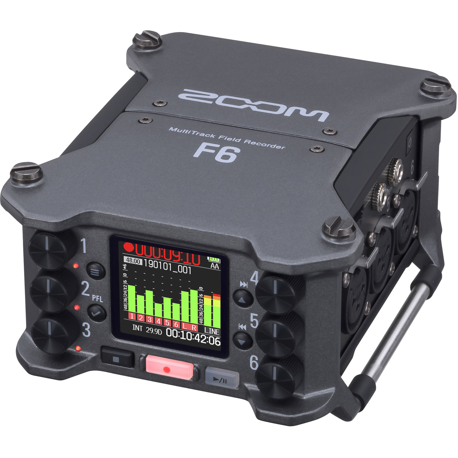 Zoom F6 field recorder showing XLR inputs and control knobs