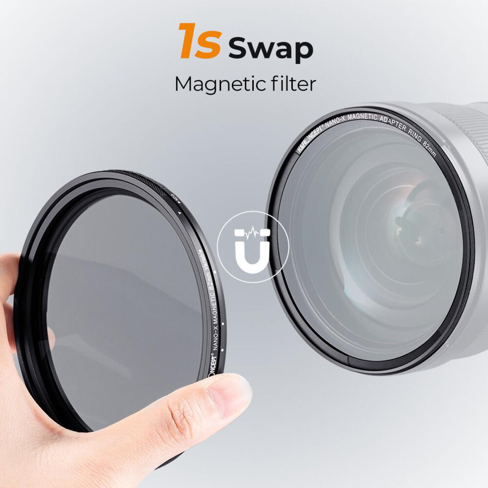 K&F Concept Nano-X magnetic variable ND filter snapping onto a lens adapter ring