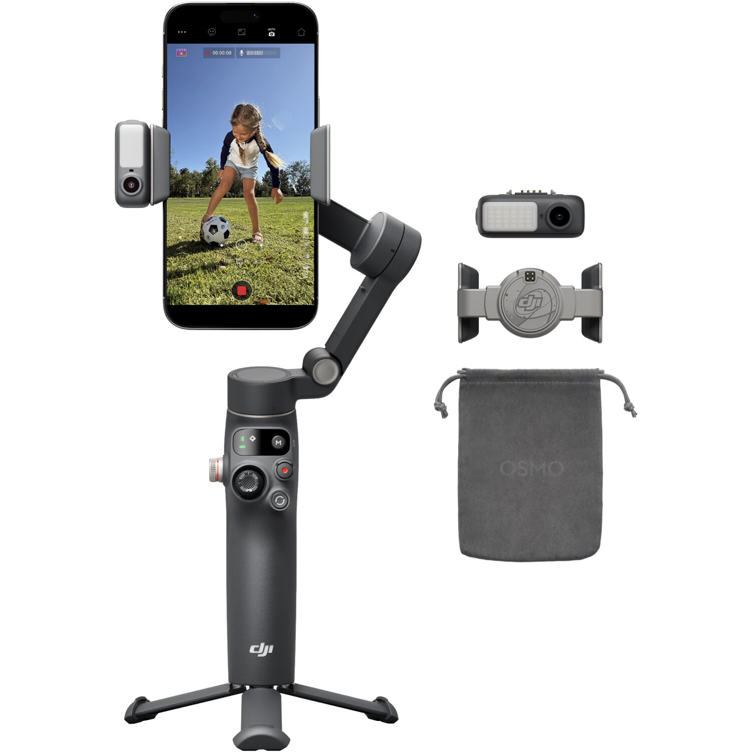 DJI Osmo Mobile 8 smartphone gimbal kit with magnetic clamp, multifunctional module, and pouch