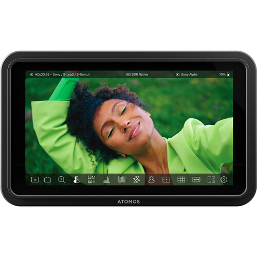 Atomos Shinobi II rear panel showing battery mount and connections