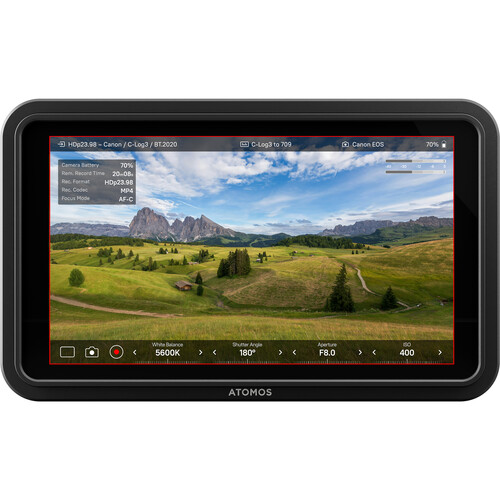 Atomos Shinobi II with connected cables showing USB-C and HDMI ports