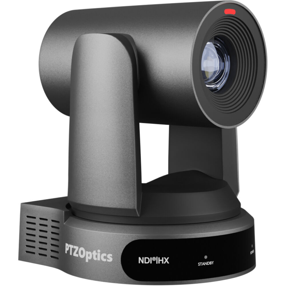 PTZOptics Move 4K SDI/HDMI/USB/IP PTZ camera, gray, front three-quarter view