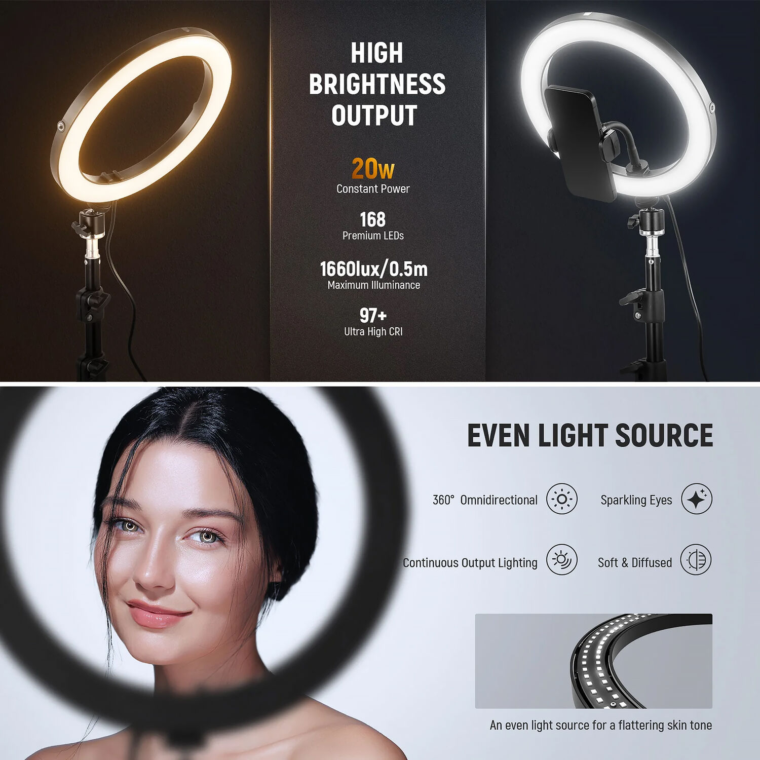 Neewer RH10B ring light close-up showing 168 premium LEDs and high CRI rating