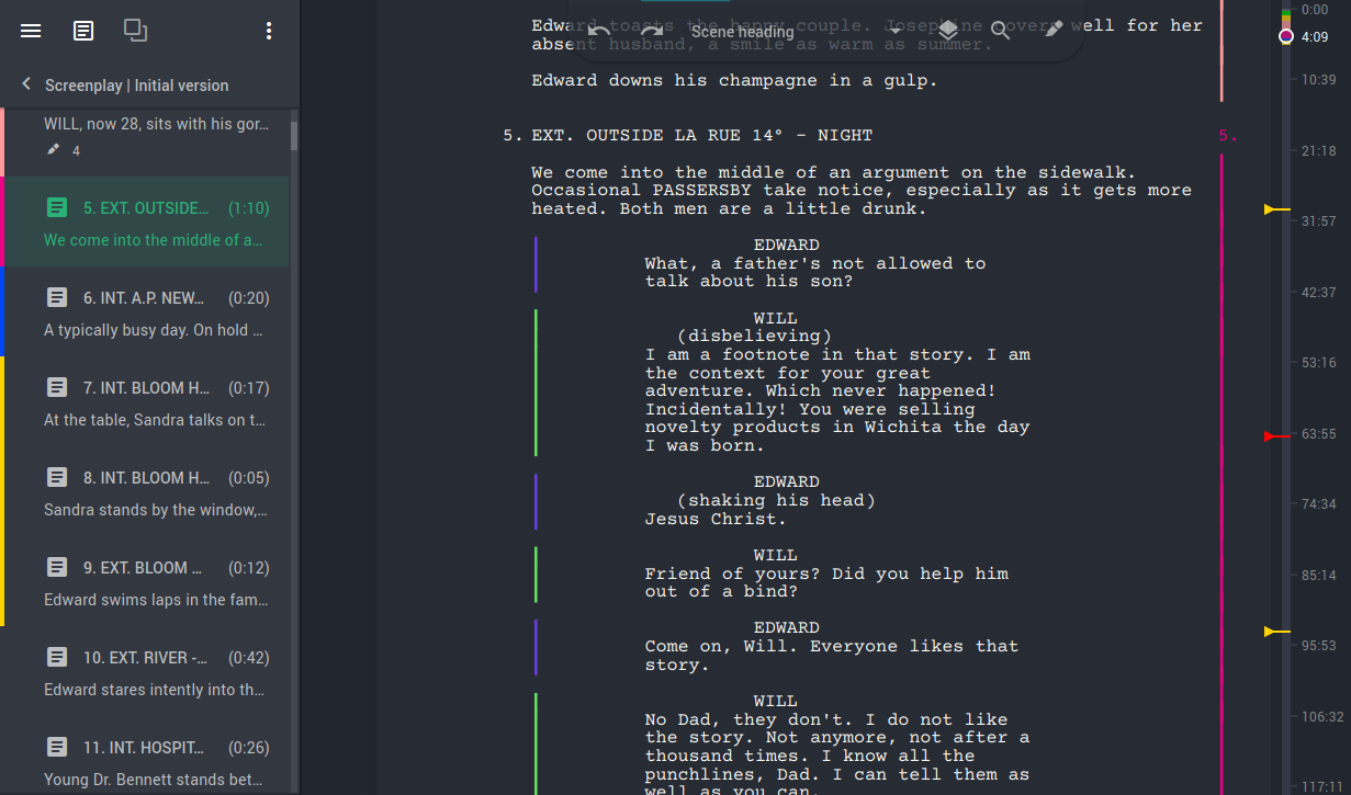 Story Architect screenplay editor showing formatted script text