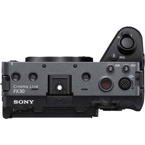 Sony FX30 top view showing controls and hot shoe