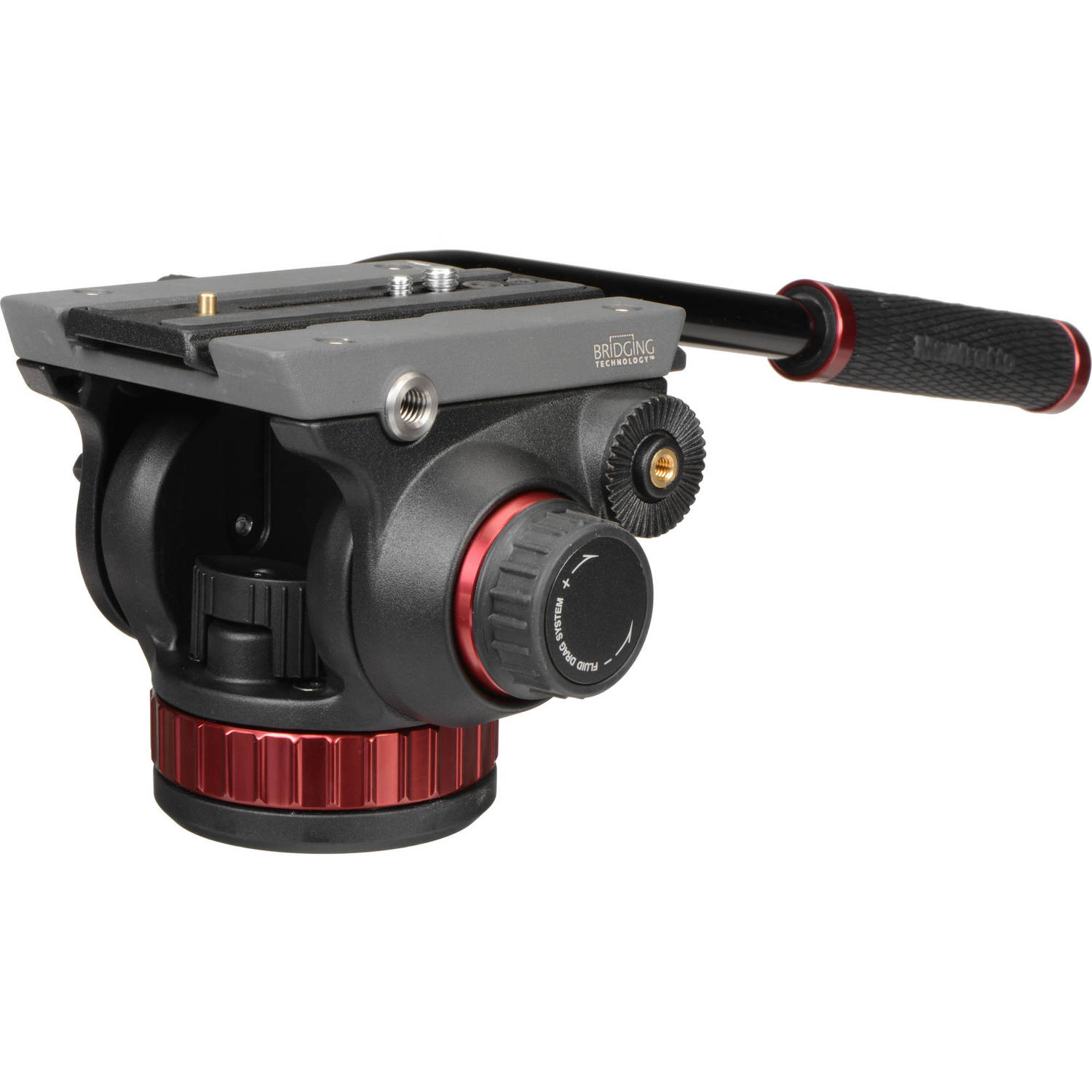 Manfrotto 502AH fluid video head showing flat base and fluid drag dial