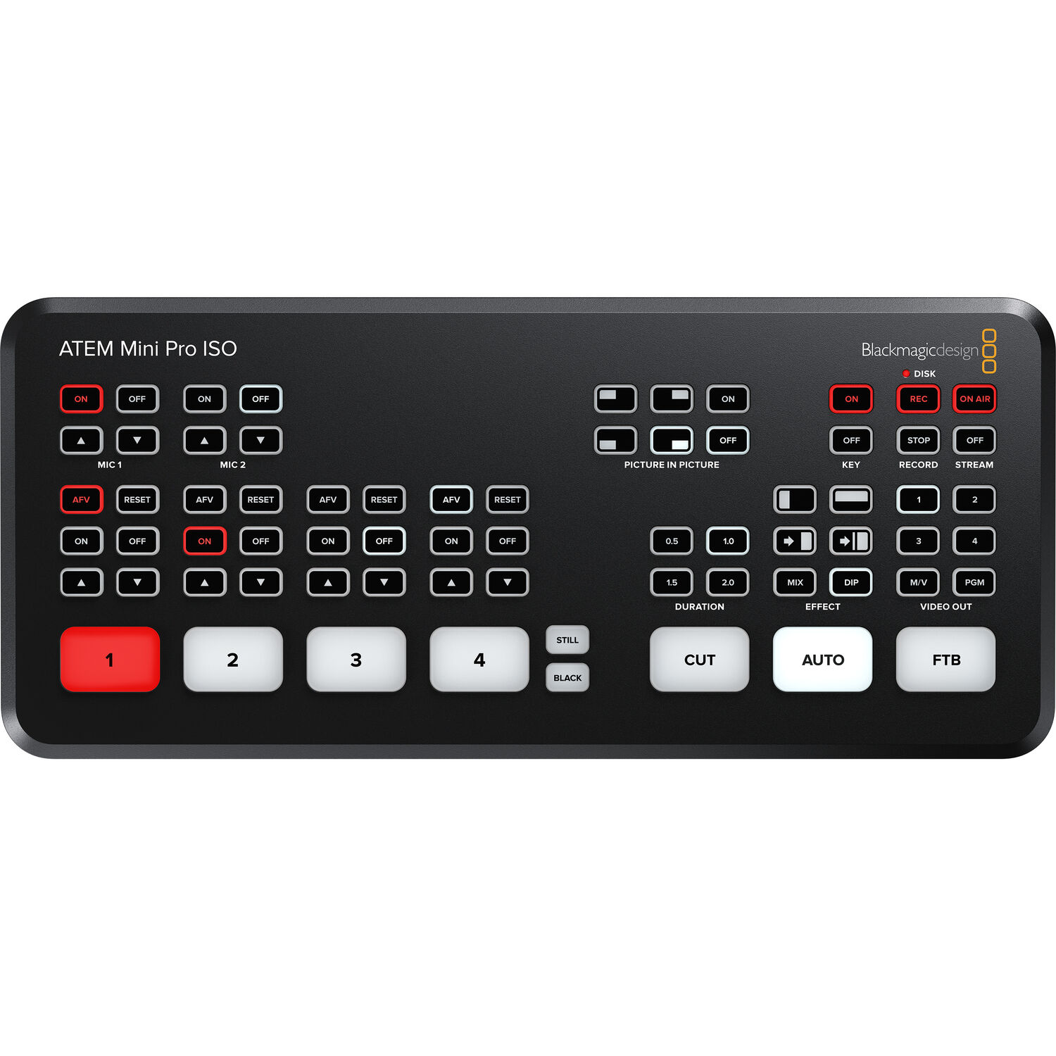 Blackmagic ATEM Mini Pro ISO top control panel with camera input buttons