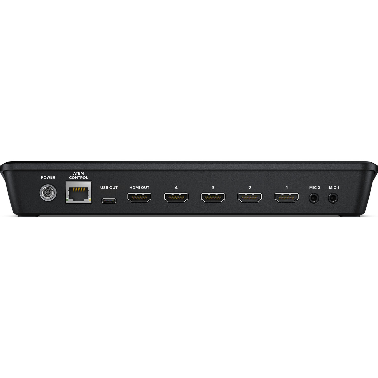 Blackmagic ATEM Mini Pro ISO rear panel showing four HDMI inputs, USB-C, and Ethernet
