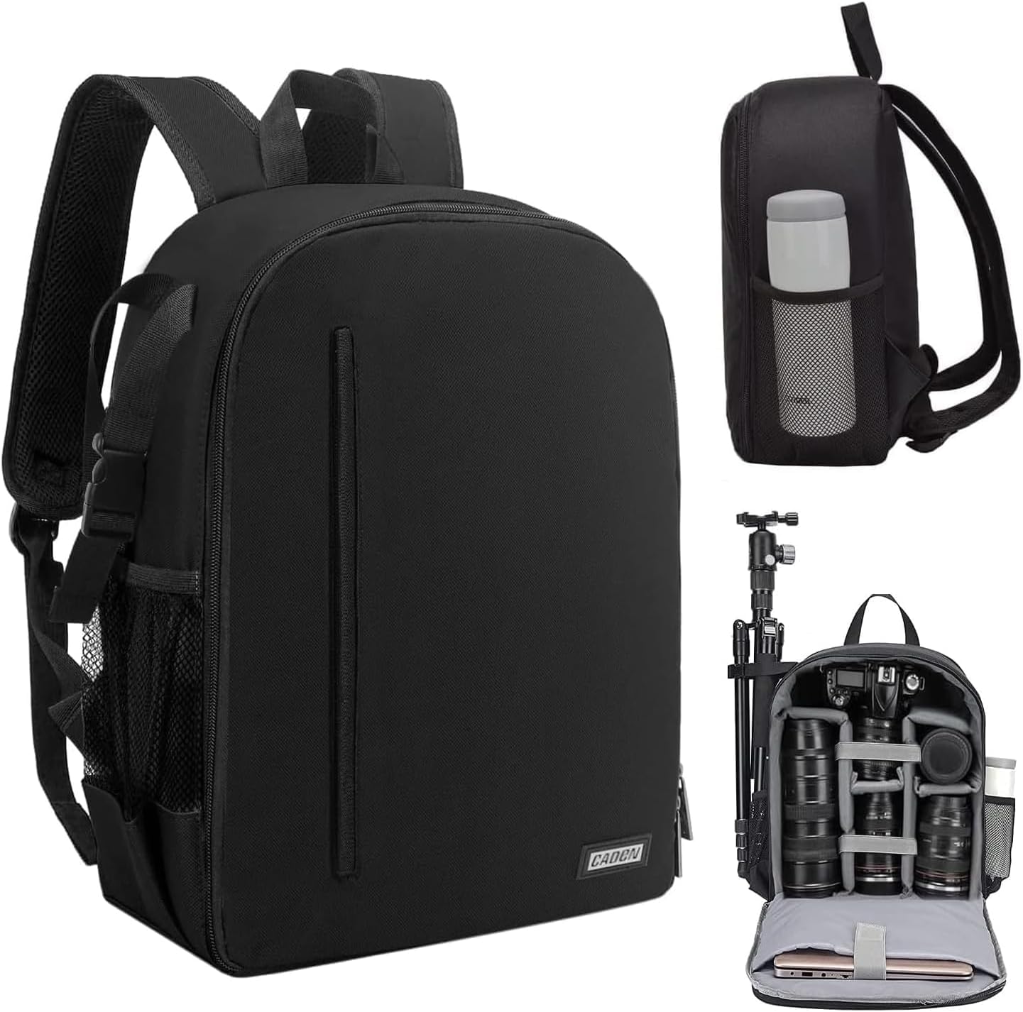 CADeN D6 camera backpack exterior and padded interior with lenses and tripod
