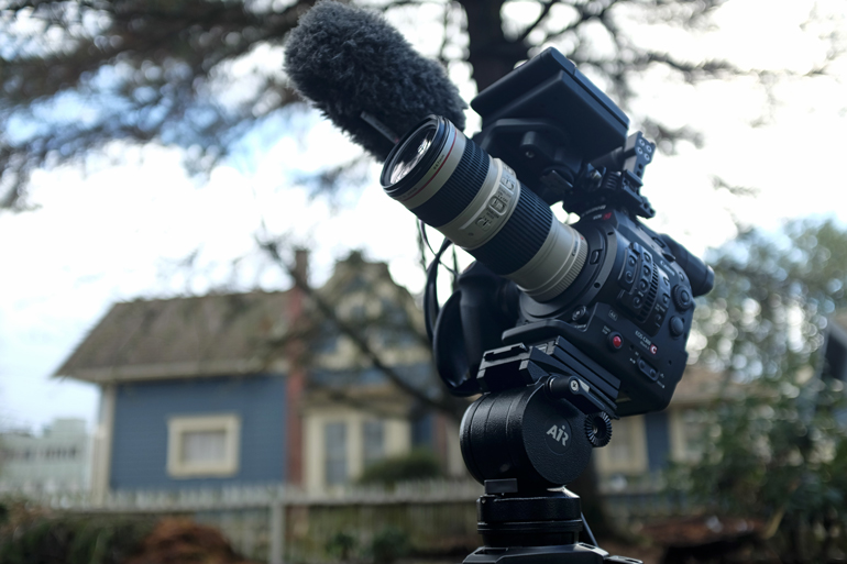 Canon cinema camera on a Miller tripod