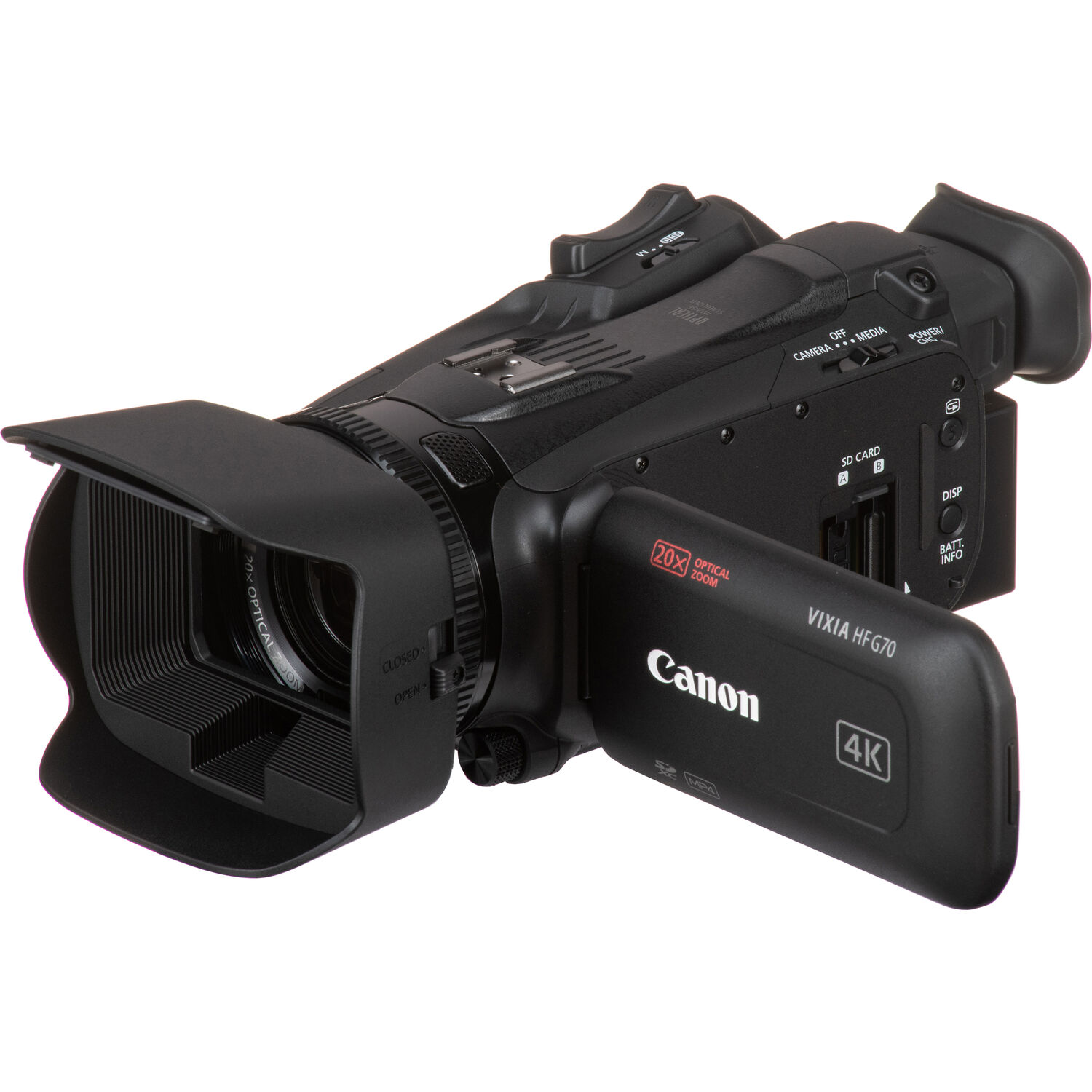 Canon Vixia HF G70 side view showing flip-out screen and zoom rocker
