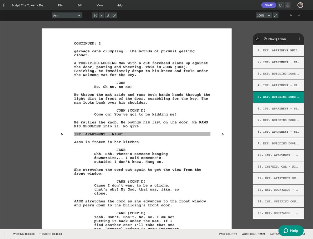 Celtx screenwriting software interface showing screenplay format