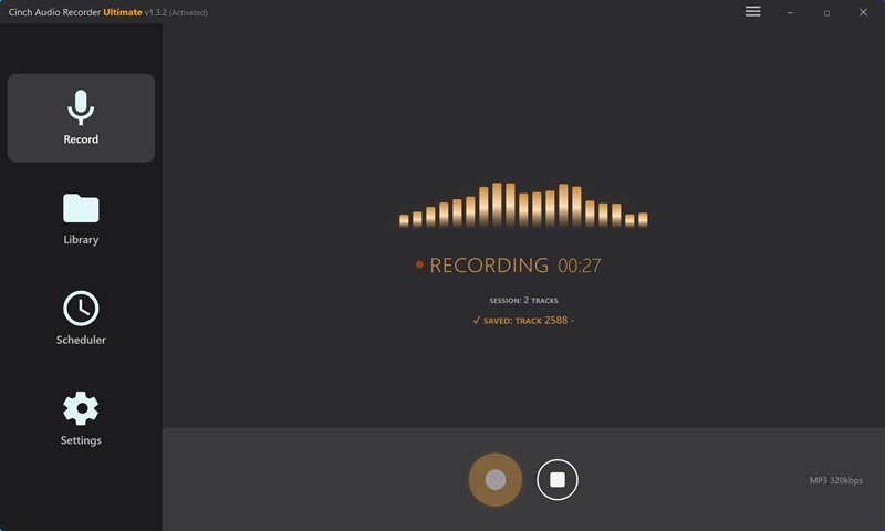 Cinch Audio Recorder capturing a track with the session counter and duration running