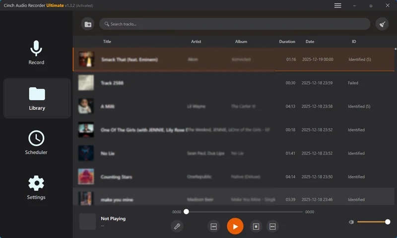 Cinch Audio Recorder library view showing identified tracks alongside one failed lookup