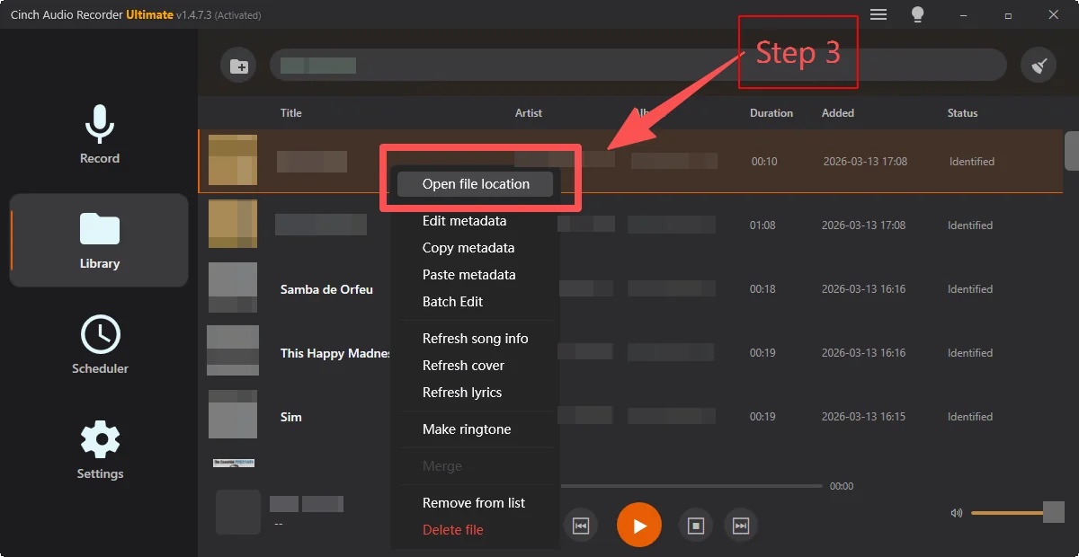 Cinch Audio Recorder track menu with metadata editing, batch edit, and ringtone options