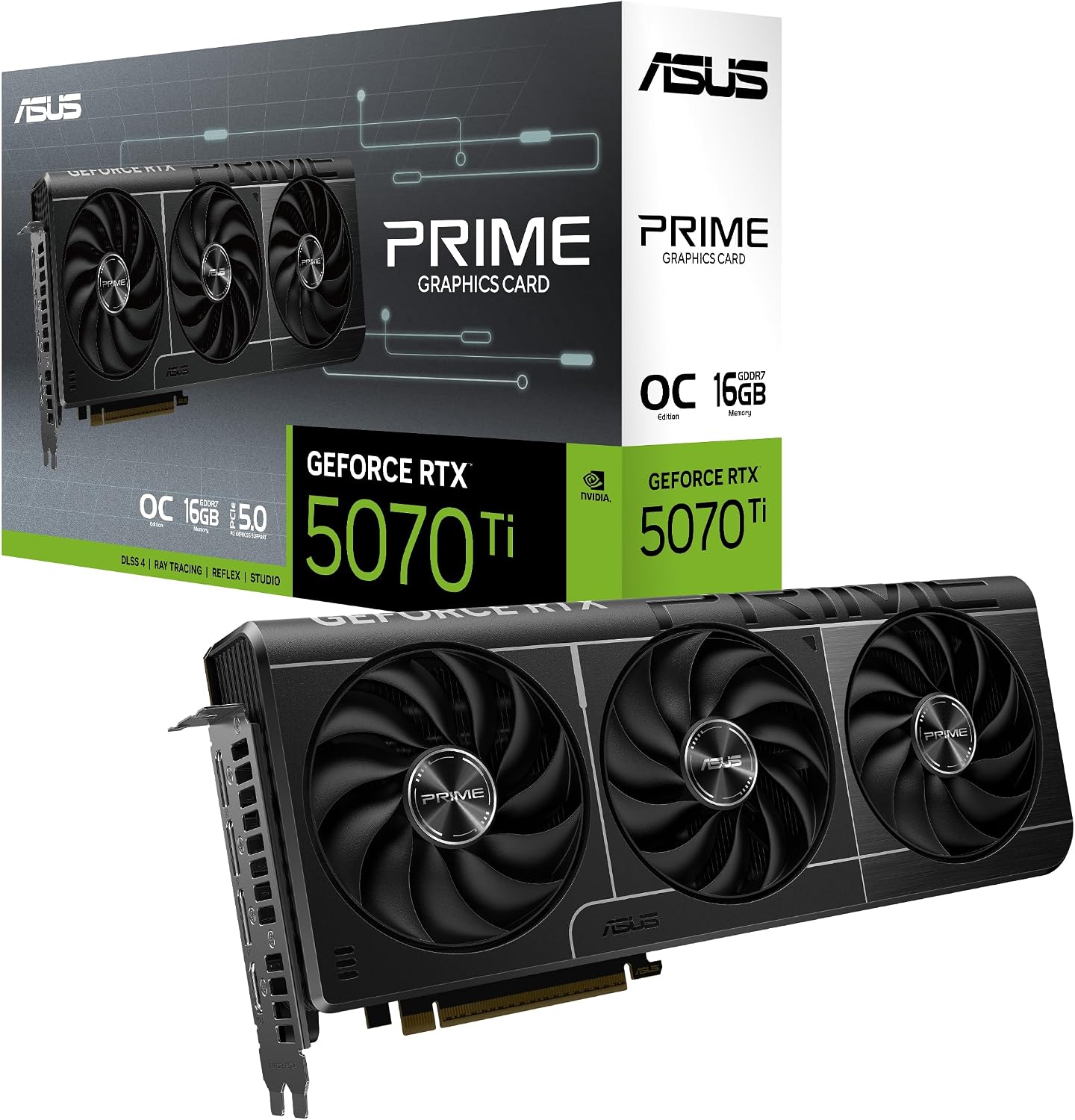 ASUS Prime GeForce RTX 5070 Ti graphics card with triple fans and retail box