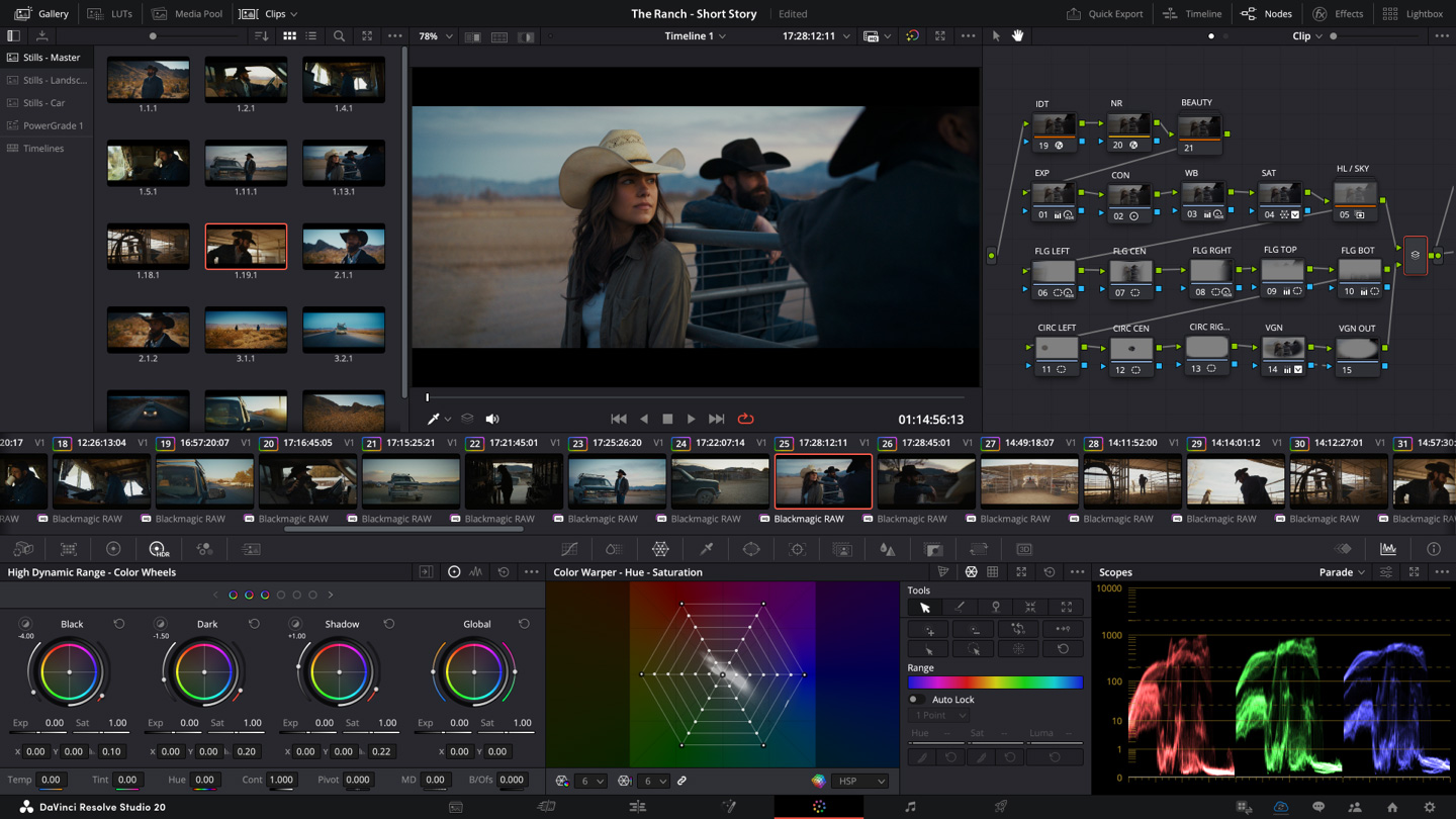 DaVinci Resolve color grading workspace with node editor