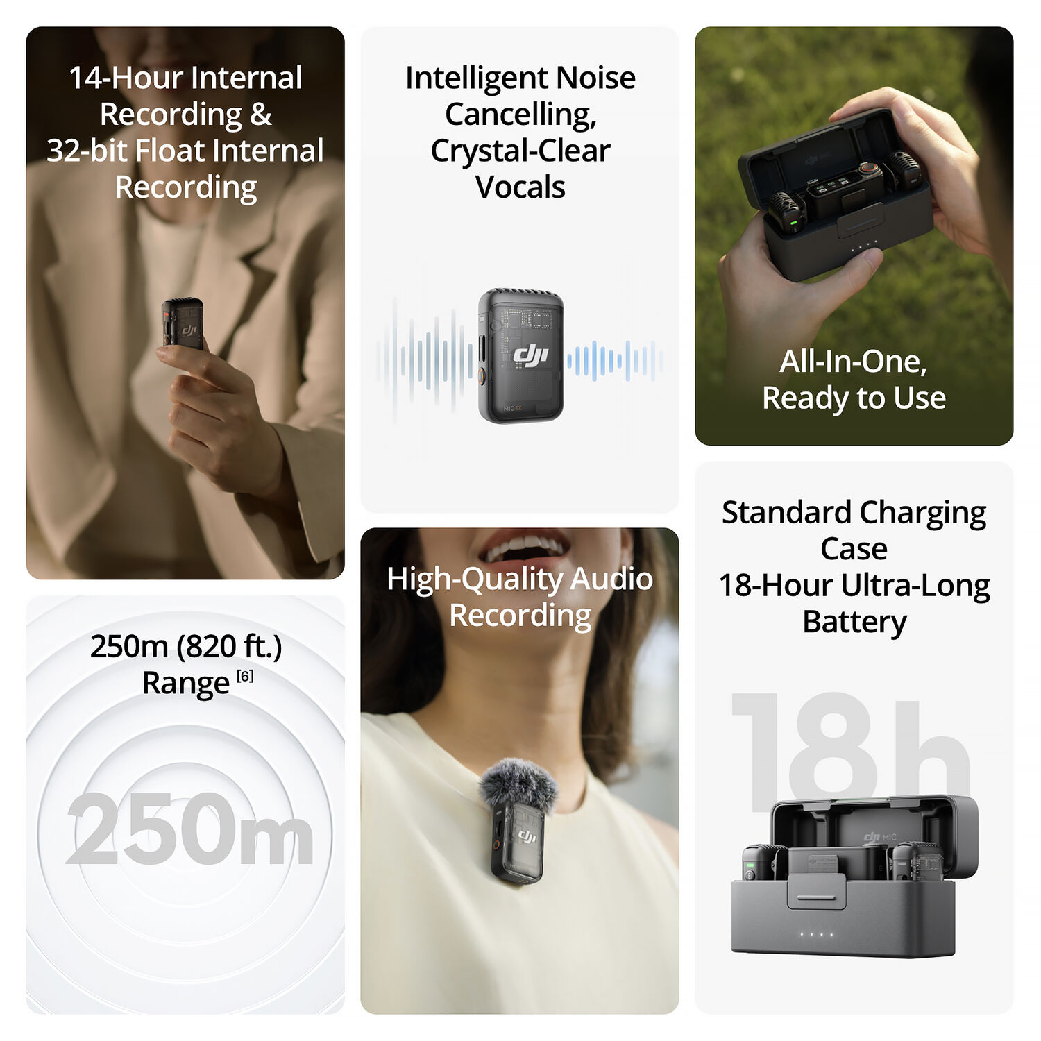 DJI Mic 2 features: 14-hour internal recording, intelligent noise cancelling, 250m range, 18-hour battery