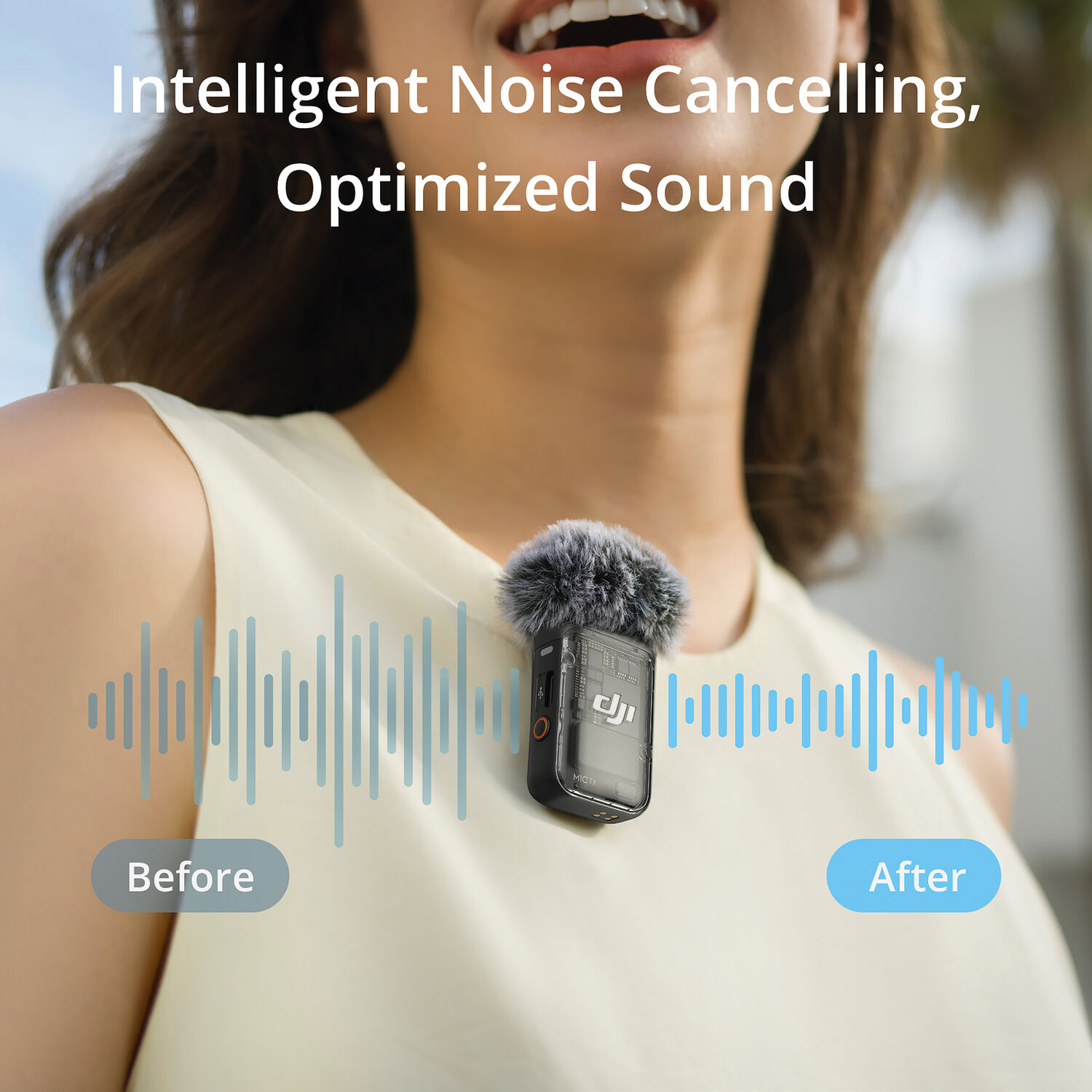 DJI Mic 2 transmitter clipped to subject demonstrating noise cancellation