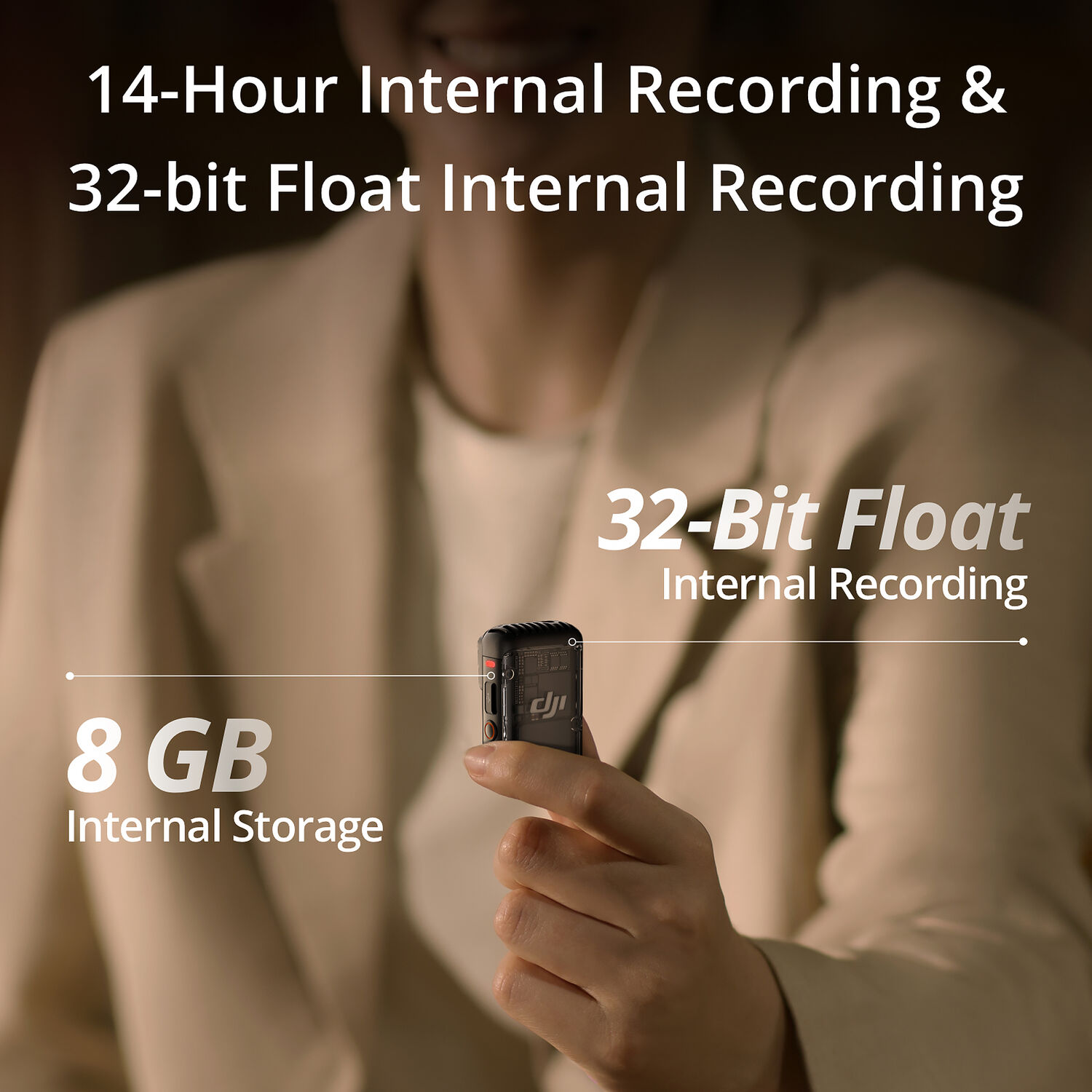 DJI Mic 2 transmitter showing 32-bit float internal recording with 8GB storage