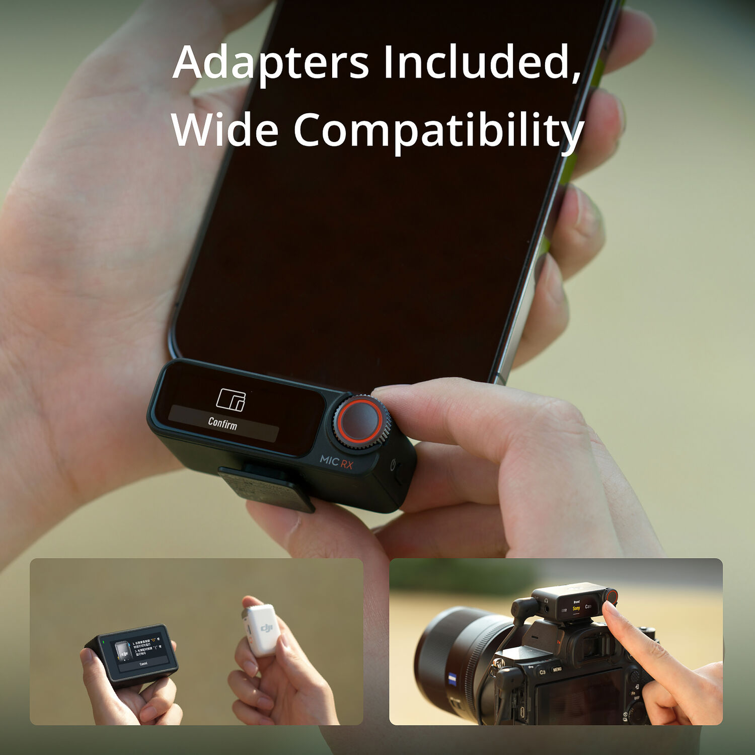 DJI Mic 2 receiver connected to phone and camera showing wide compatibility