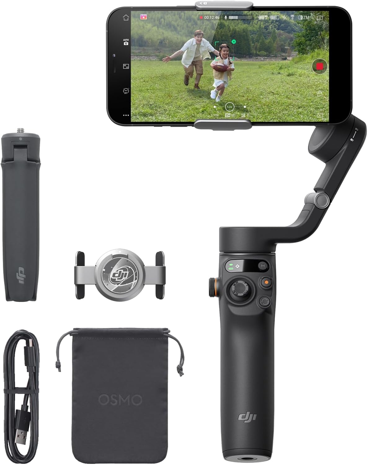 DJI Osmo Mobile 6 smartphone gimbal with magnetic phone clamp and extension rod