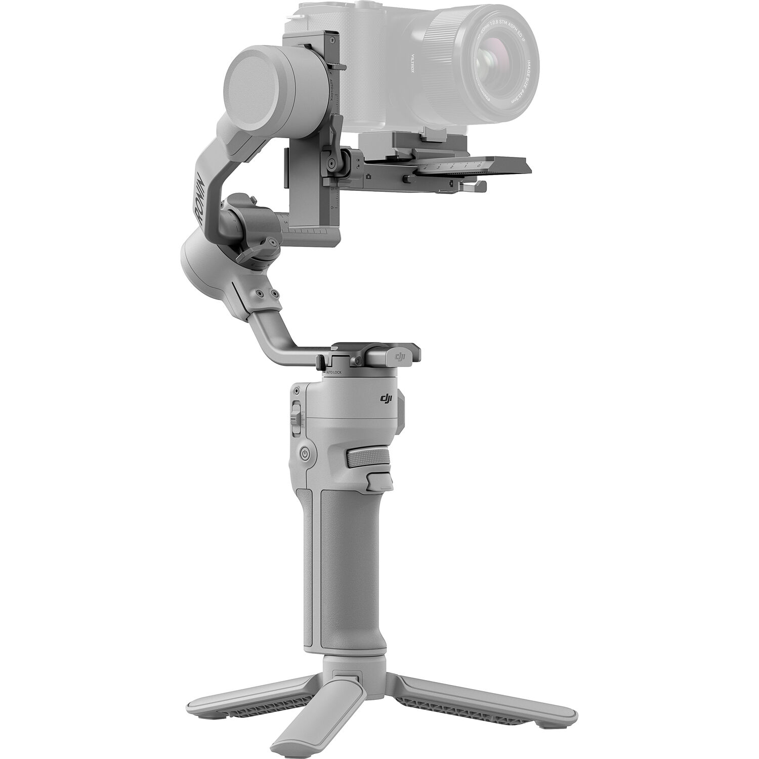 DJI RS 4 Mini lightweight gimbal stabilizer in silver with camera plate and tripod grip