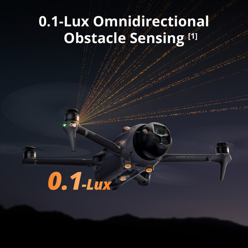 DJI Mavic 4 Pro in flight showing 0.1-lux omnidirectional obstacle sensing