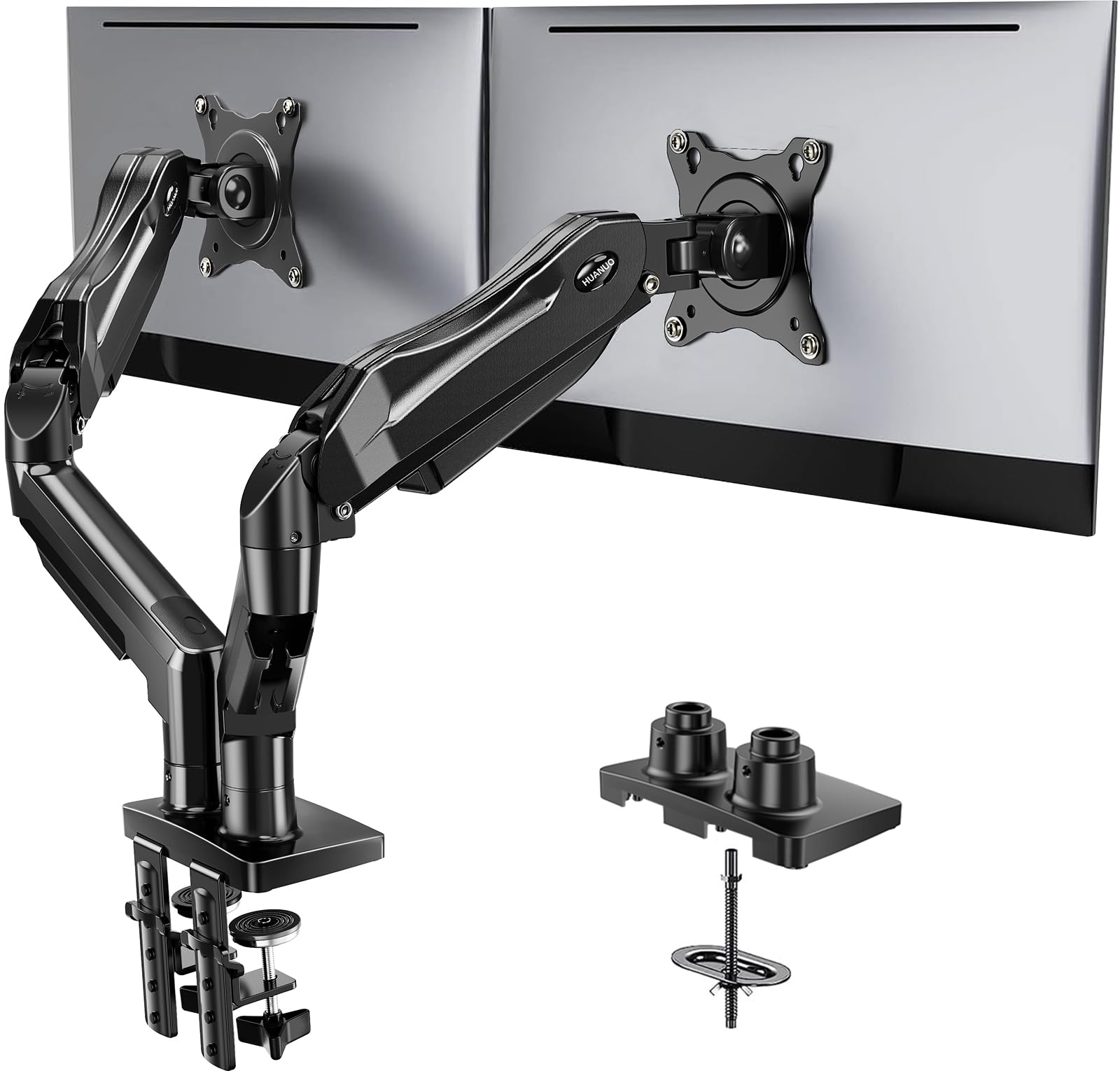 Huanuo HNDS6 dual gas-spring monitor mount with C-clamp and grommet hardware