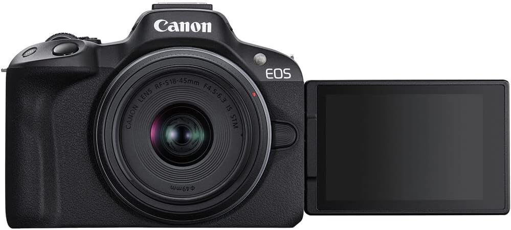 Canon EOS R50 mirrorless camera with RF-S 18-45mm kit lens and articulating screen