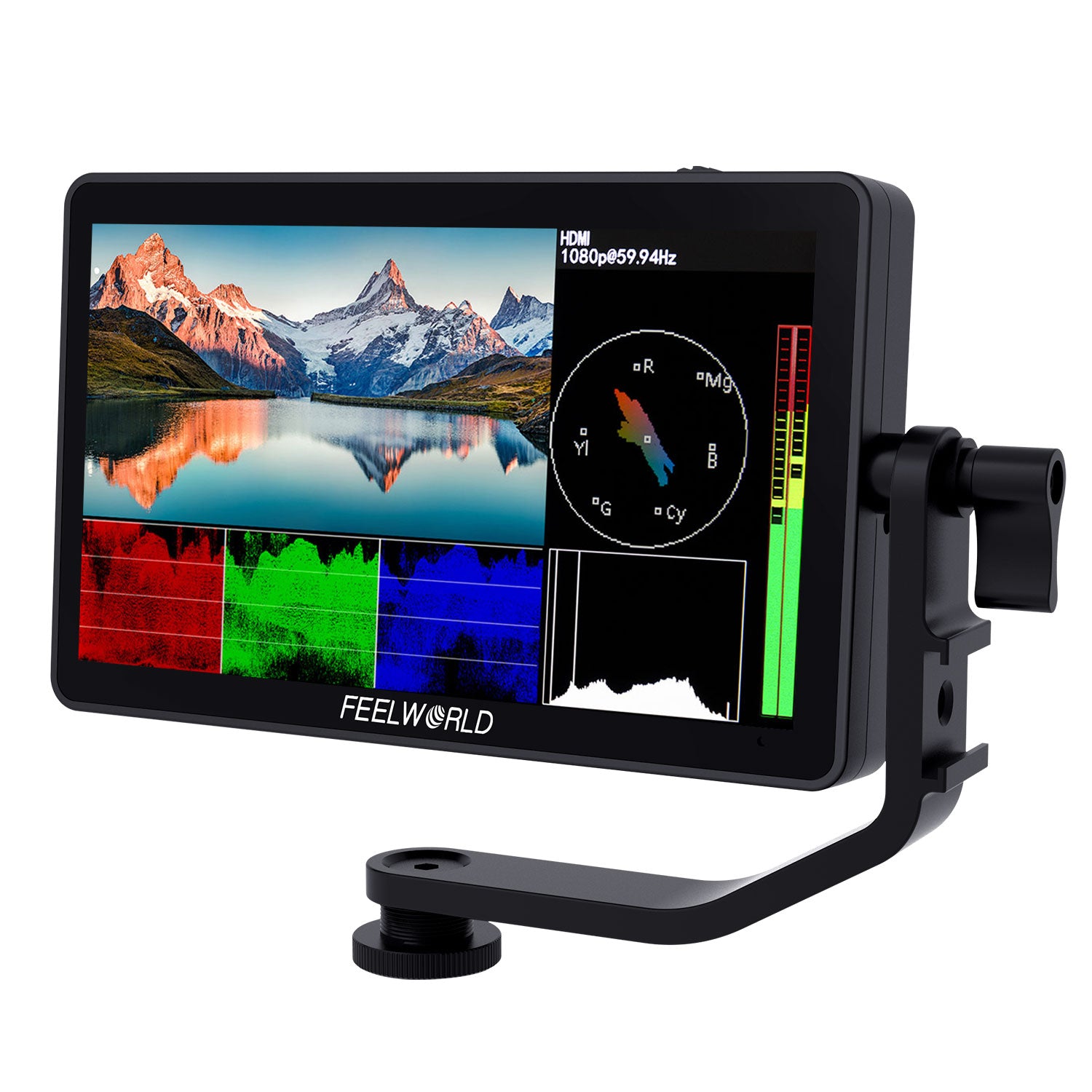 Feelworld F6 Plus 5.5 inch touchscreen camera field monitor with tilt arm