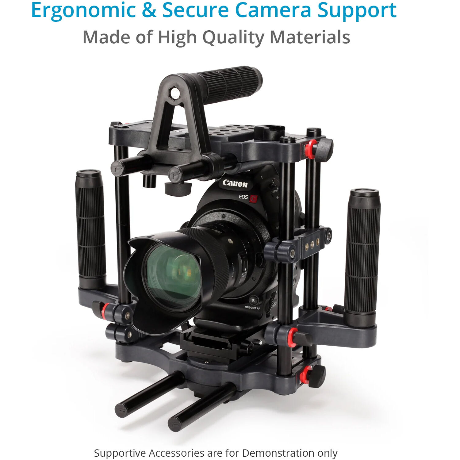 FilmCity camera cage holding a Canon DSLR with a wide zoom lens mounted