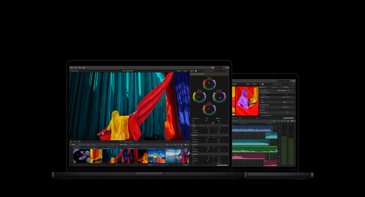 Final Cut Pro color grading and audio tools on MacBook Pro and Studio Display