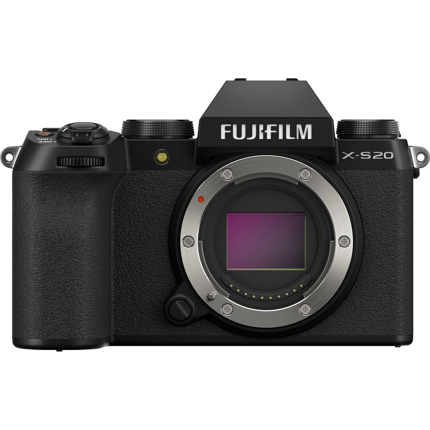 Fujifilm X-S20 mirrorless camera body with exposed APS-C sensor