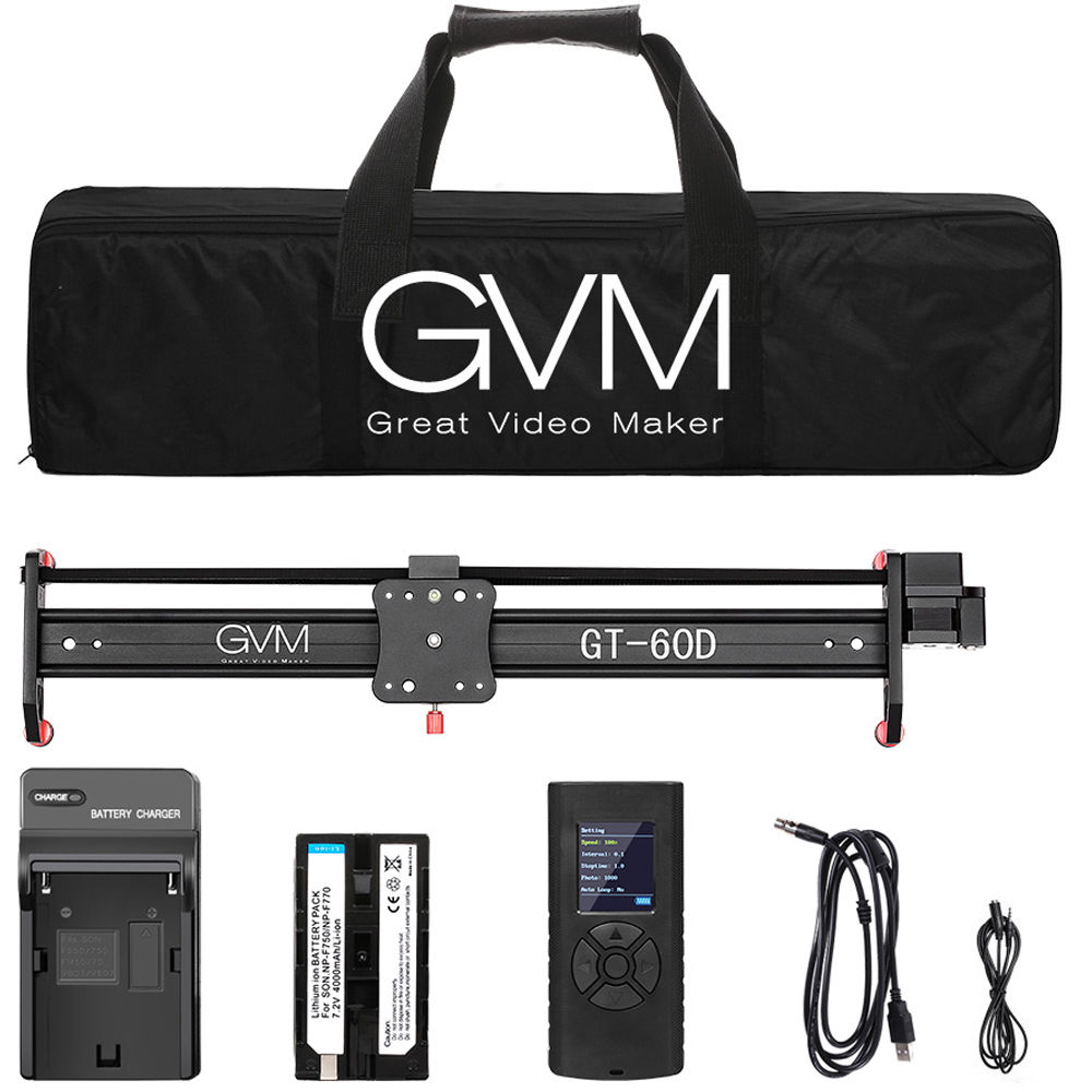 GVM GT-60D box contents: slider, bag, controller, battery, charger and cables