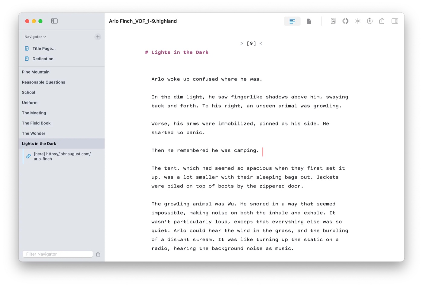 Highland Pro screenwriting app on macOS showing a script with the Navigator panel and plain-text formatting
