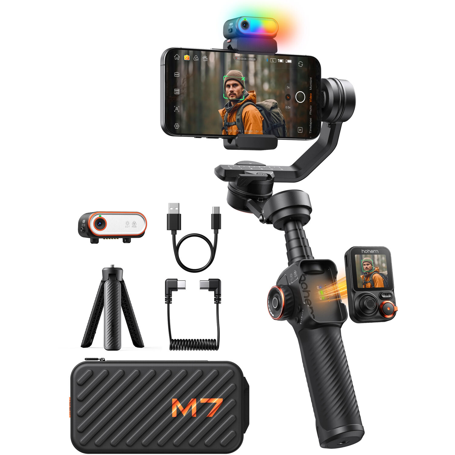 Hohem iSteady M7 gimbal with detachable touchscreen remote, AI tracker, tripod, and case