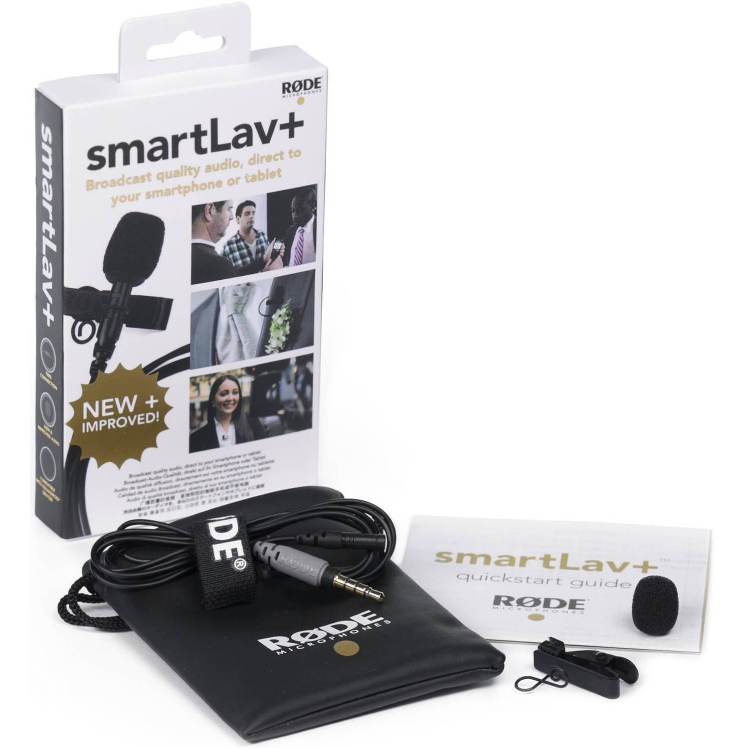 Rode SmartLav+ retail packaging with mic, pouch, and quickstart guide